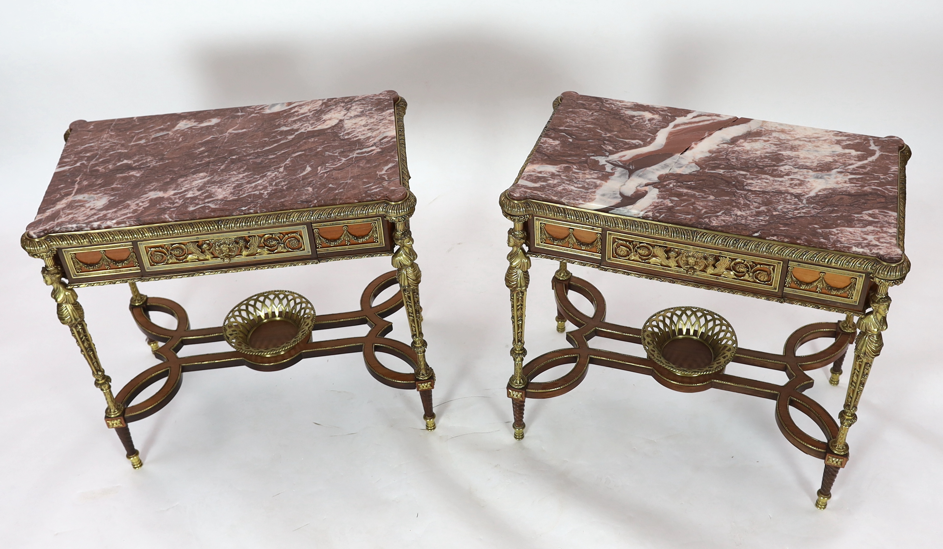 A pair of Louis XVI style ormolu mounted centre tables, each with rouge marble inset top and - Image 4 of 7