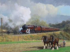 Gerald Broom (English, b.1944) LMS locomotive passing a ploughmanoil on boardsigned28 x 37cm***