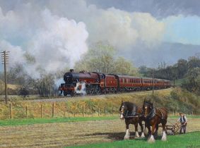Gerald Broom (English, b.1944) LMS locomotive passing a ploughmanoil on boardsigned28 x 37cm***