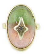 A Victorian 18ct gold and cabochon watermelon tourmaline set dress ring, with engraved setting and