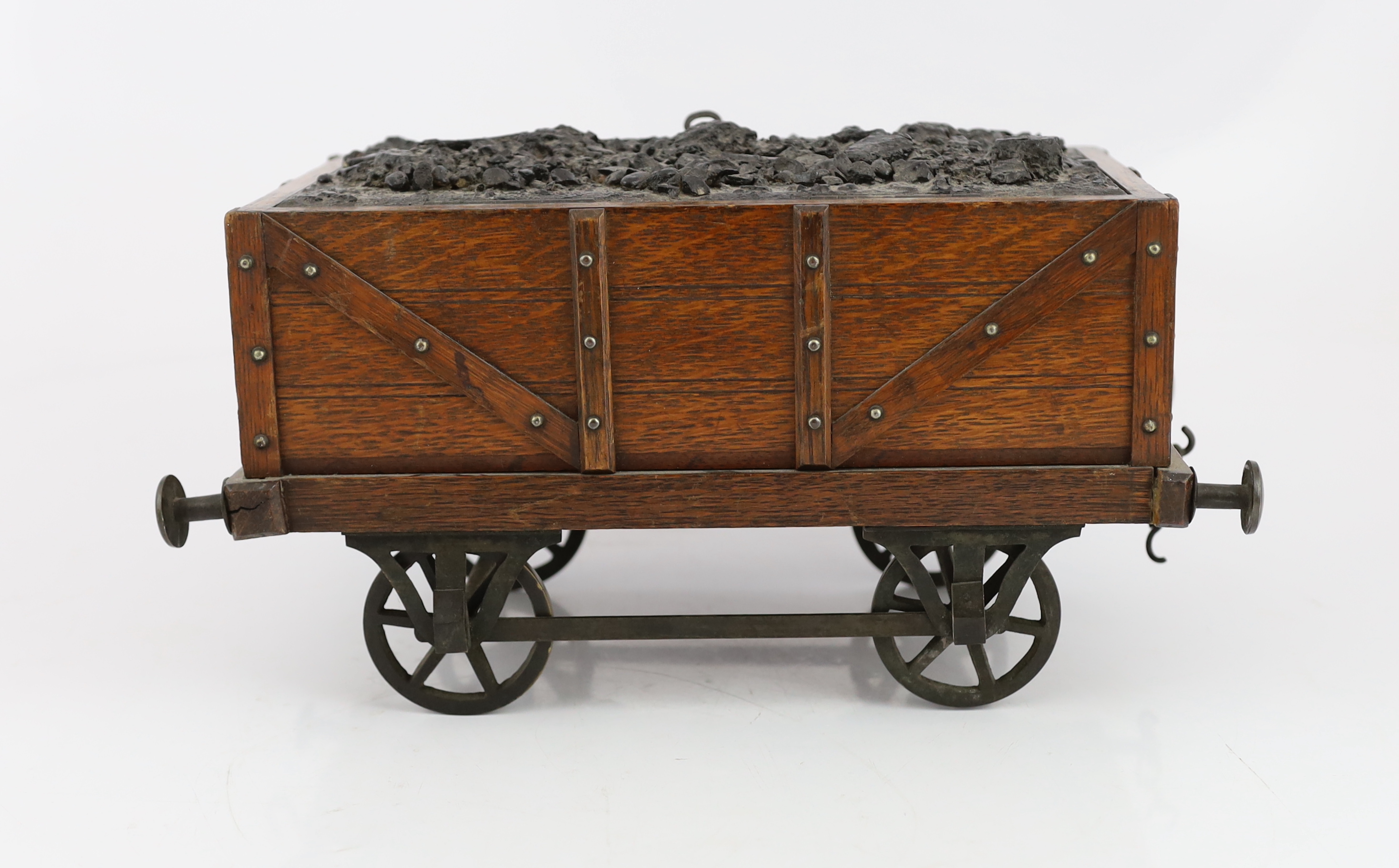 An Edwardian novelty oak smoker's compendium modelled as a railway tender, with simulated coal - Image 3 of 6