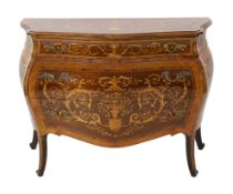 A Continental marquetry inlaid serpentine bombé commode, fitted three long drawers, on scroll