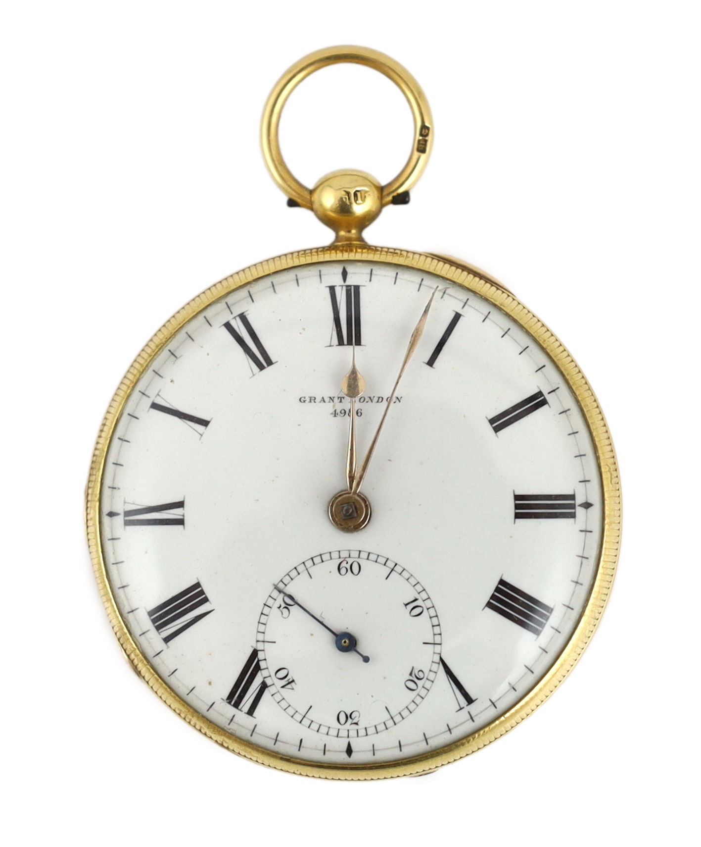 A Victorian engine turned 18ct gold open faced key wind pocket watch, by Grant of London, with Roman