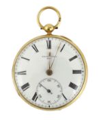 A Victorian engine turned 18ct gold open faced key wind pocket watch, by Grant of London, with Roman