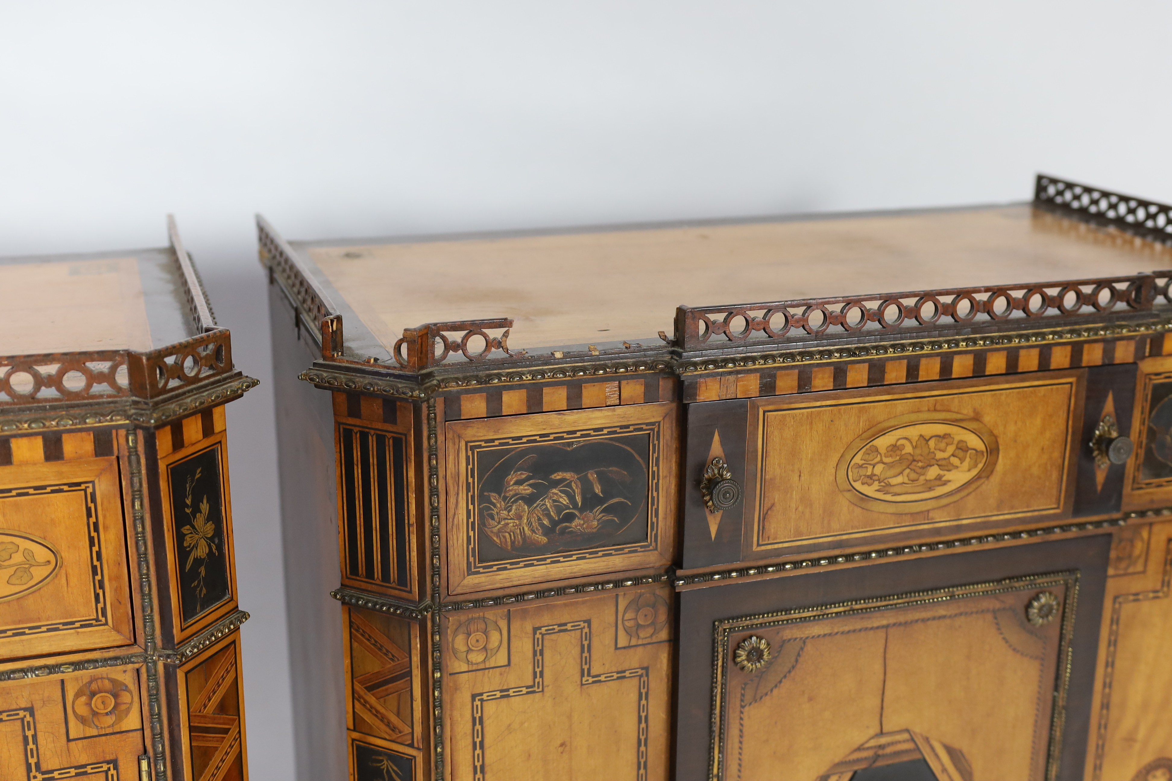 A pair of French Transitional style satinwood and marquetry side cabinets, each with fretwork - Image 5 of 6