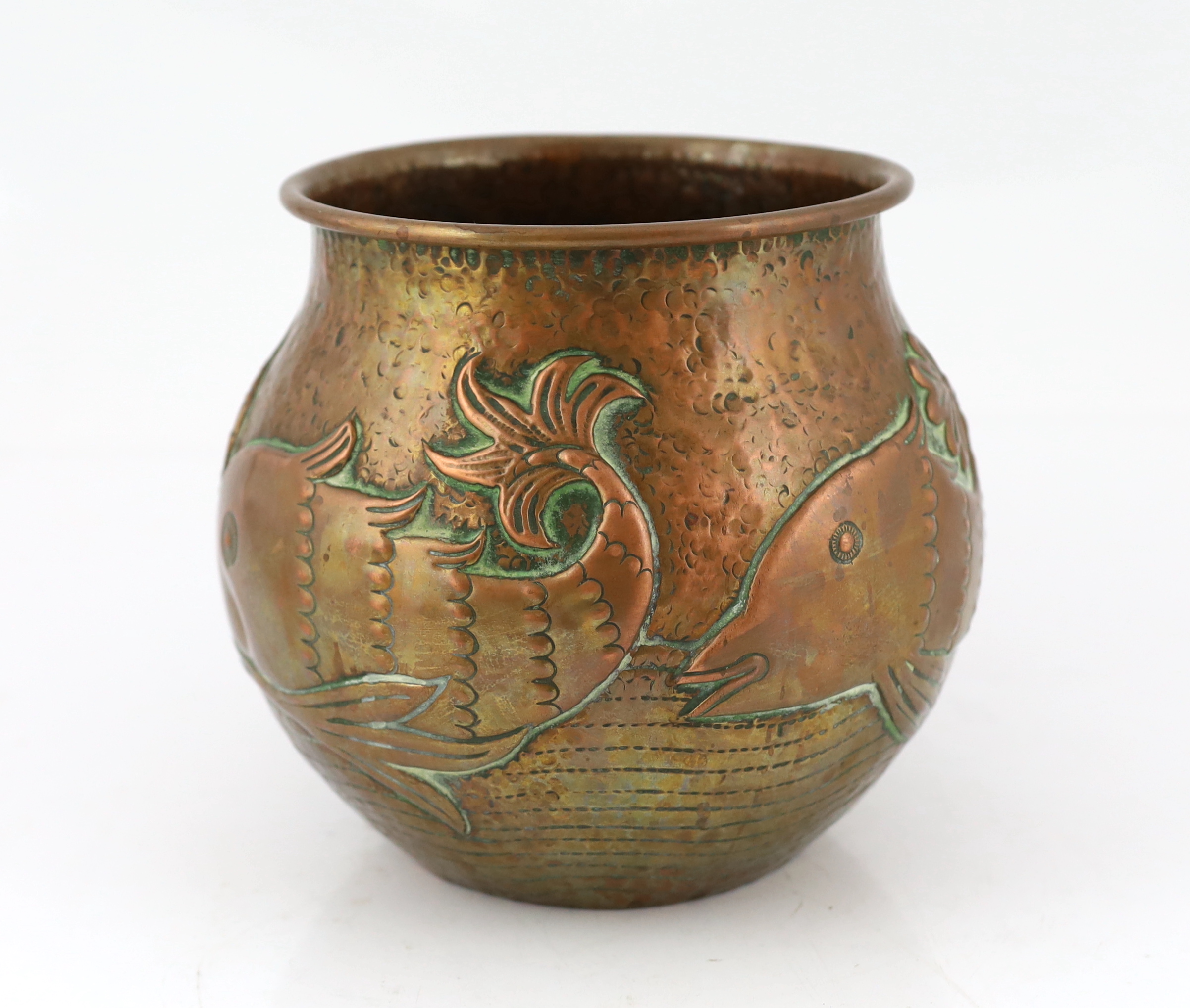 John Pearson of Newlyn, an Arts & Crafts planished copper vase, decorated with four stylised - Image 2 of 4