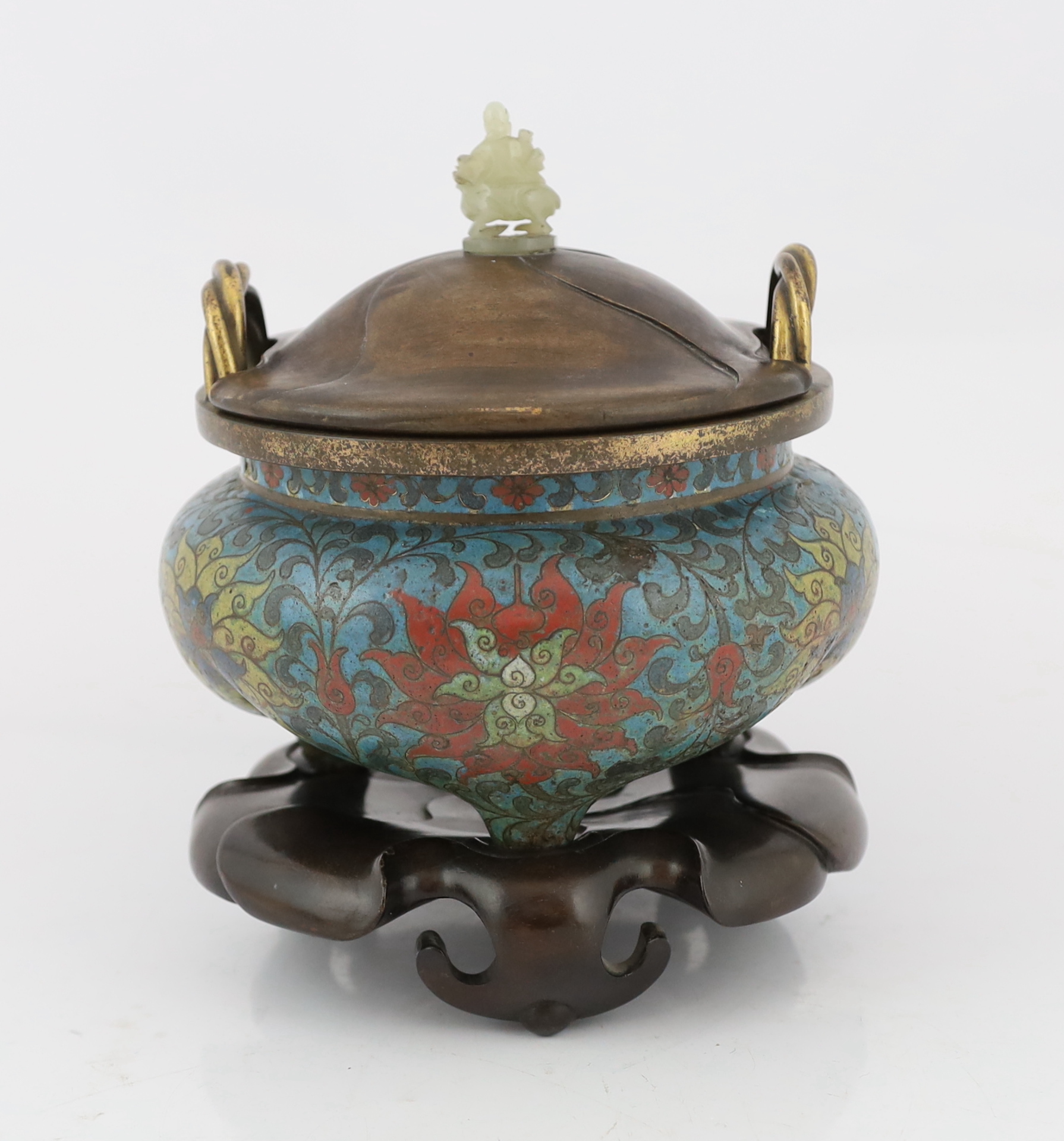 A Chinese cloisonné enamel tripod censer, Li, Xuande six character mark, Ming dynasty, 16th century, - Image 4 of 8