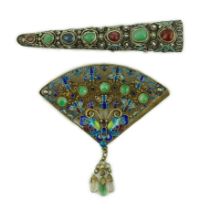 A Chinese silver, enamel and jadeite 'fan' brooch, width 69mm and a similar nail guard brooch, 87mm,