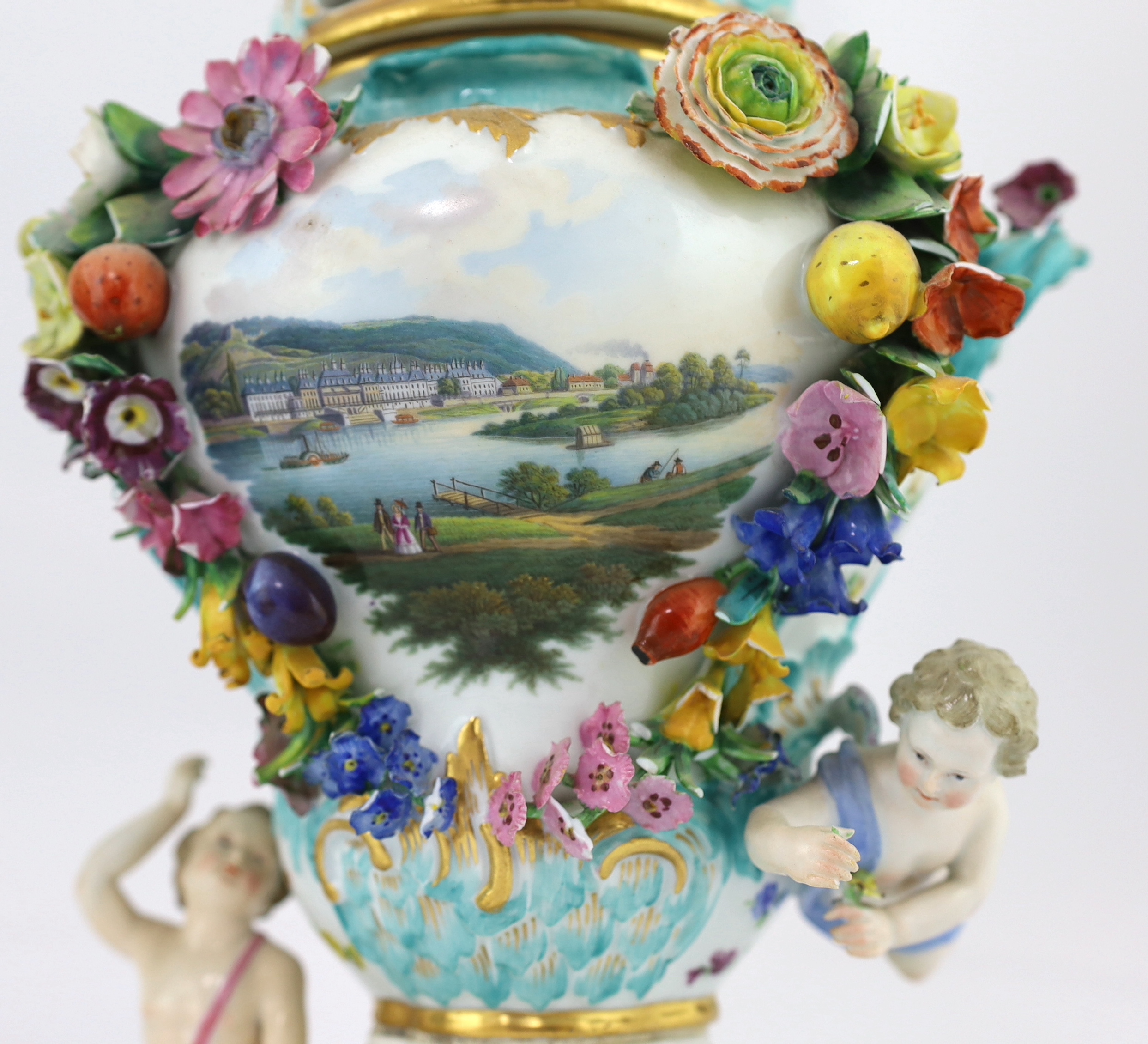 A pair of Meissen topographical flower encrusted vases and covers, 19th century, each painted with - Image 8 of 13