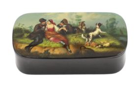 * * A fine Russian lacquer ‘Girl with admirers’ snuff box, by Lukutin, c.1840, painted with a