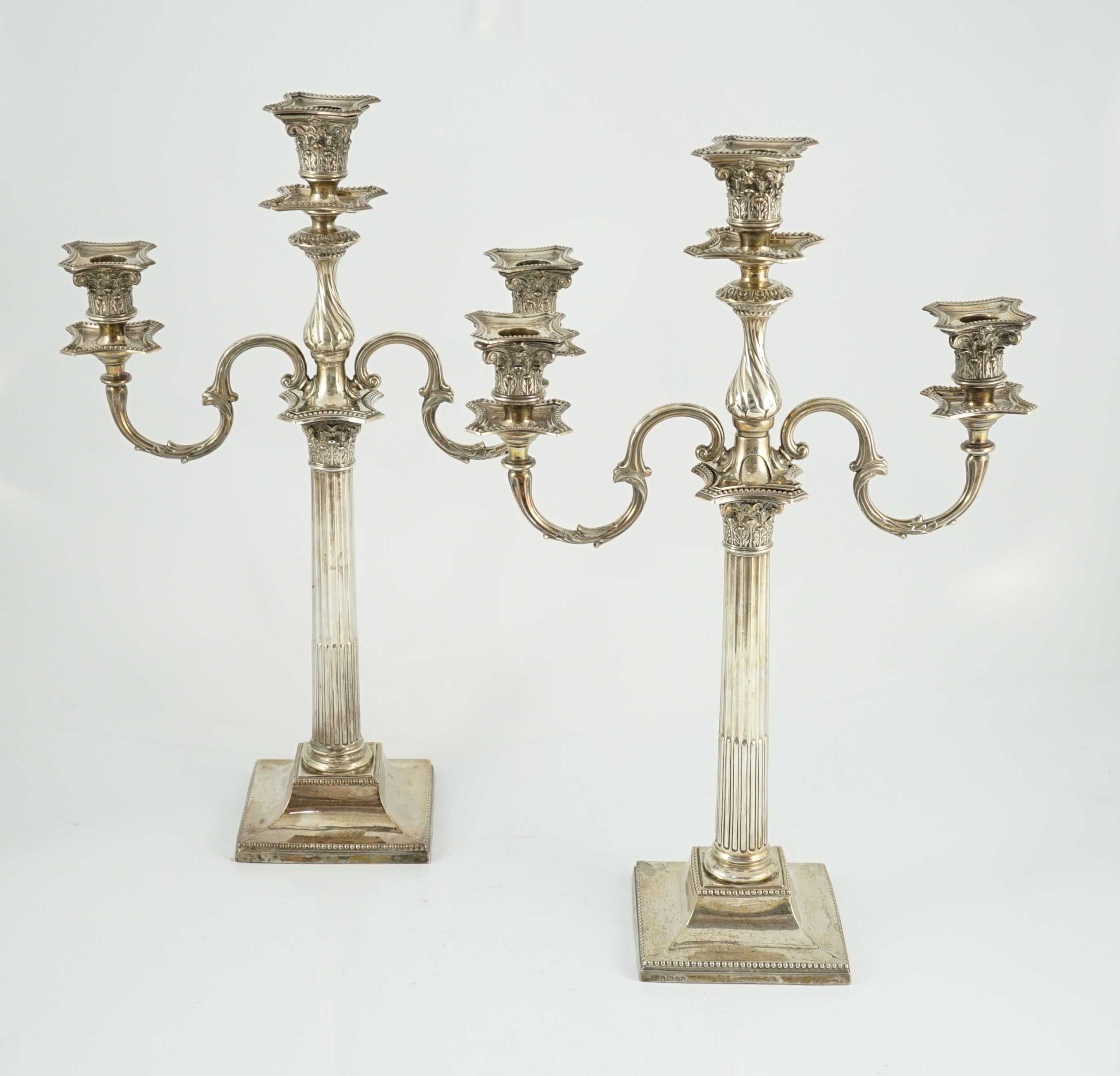 A matched pair of late 19th/early 20th century silver two branch, three light candelabrum, with - Image 3 of 6
