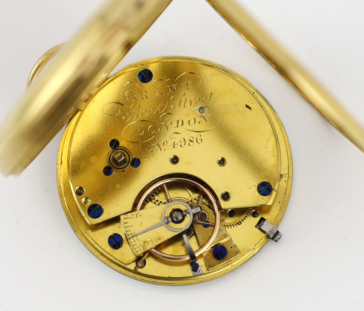 A Victorian engine turned 18ct gold open faced key wind pocket watch, by Grant of London, with Roman - Image 3 of 3