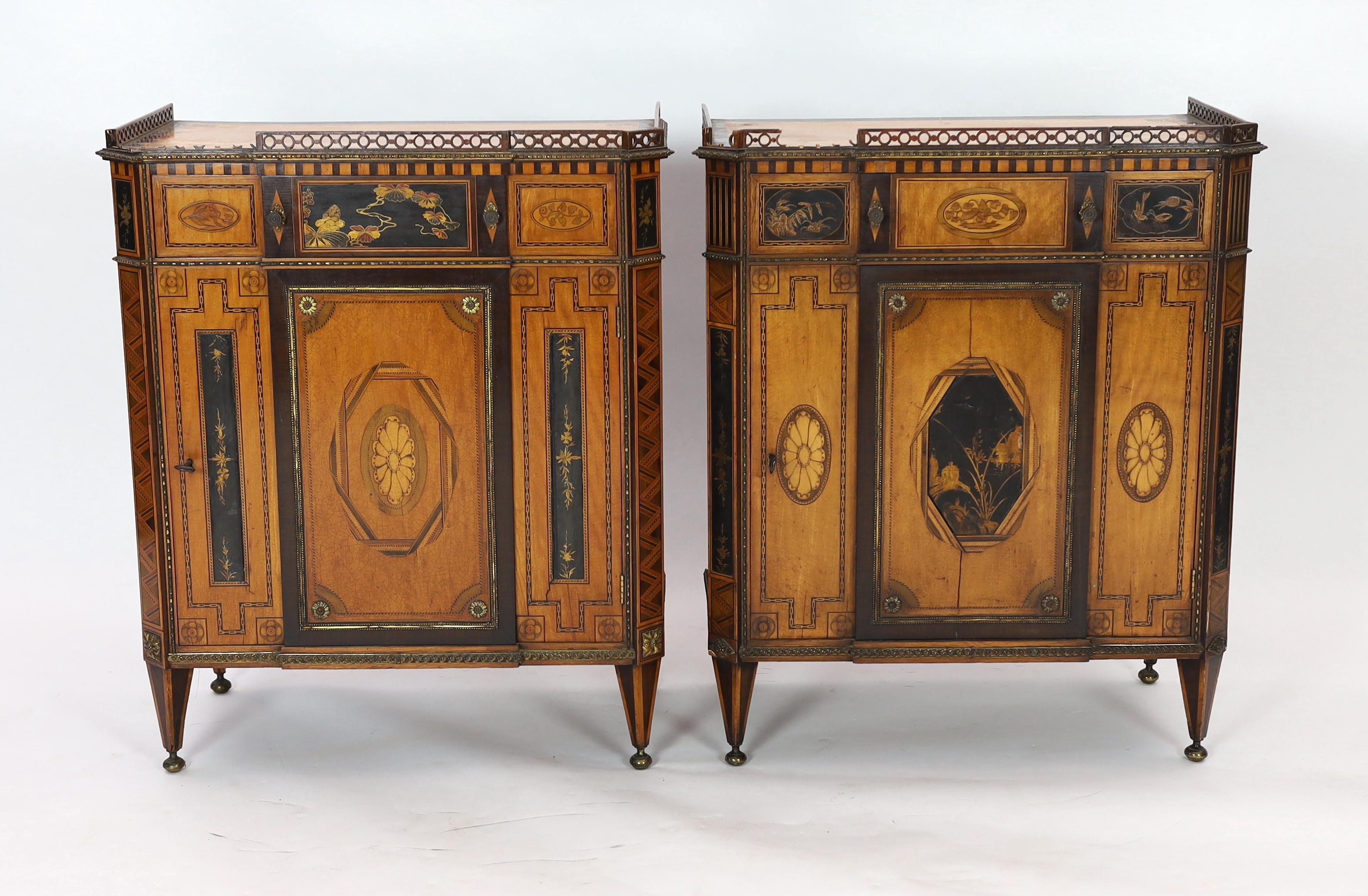 A pair of French Transitional style satinwood and marquetry side cabinets, each with fretwork - Image 2 of 6