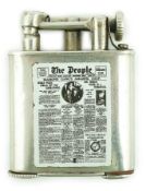 A George V silver novelty lighter, with two colour enamelled panel of 'The People' newspaper front