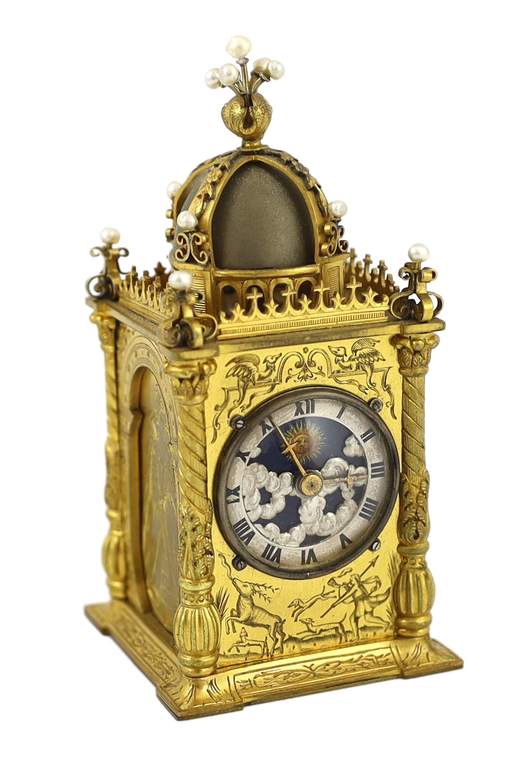 An early 20th century French miniature timepiece modelled on a 17th century domed bell clock, the