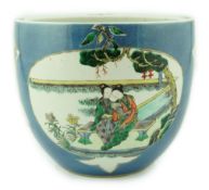 A Chinese powder blue small jardiniere, 19th century, painted in famille verte palette with two