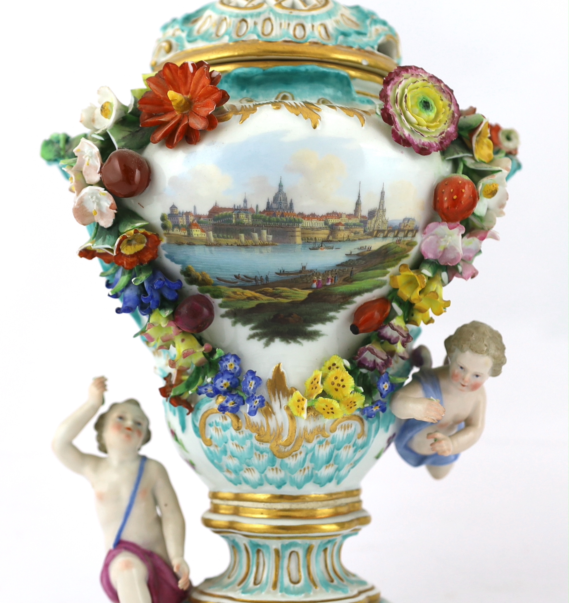 A pair of Meissen topographical flower encrusted vases and covers, 19th century, each painted with - Image 4 of 13
