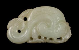 * A Chinese pale celadon jade carving of a stylised catfish, probably 17th century, the reverse