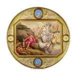 A Vienna style ‘Juno und Aeolus’ circular tray, c.1900, painted to a rectangular reserve with the