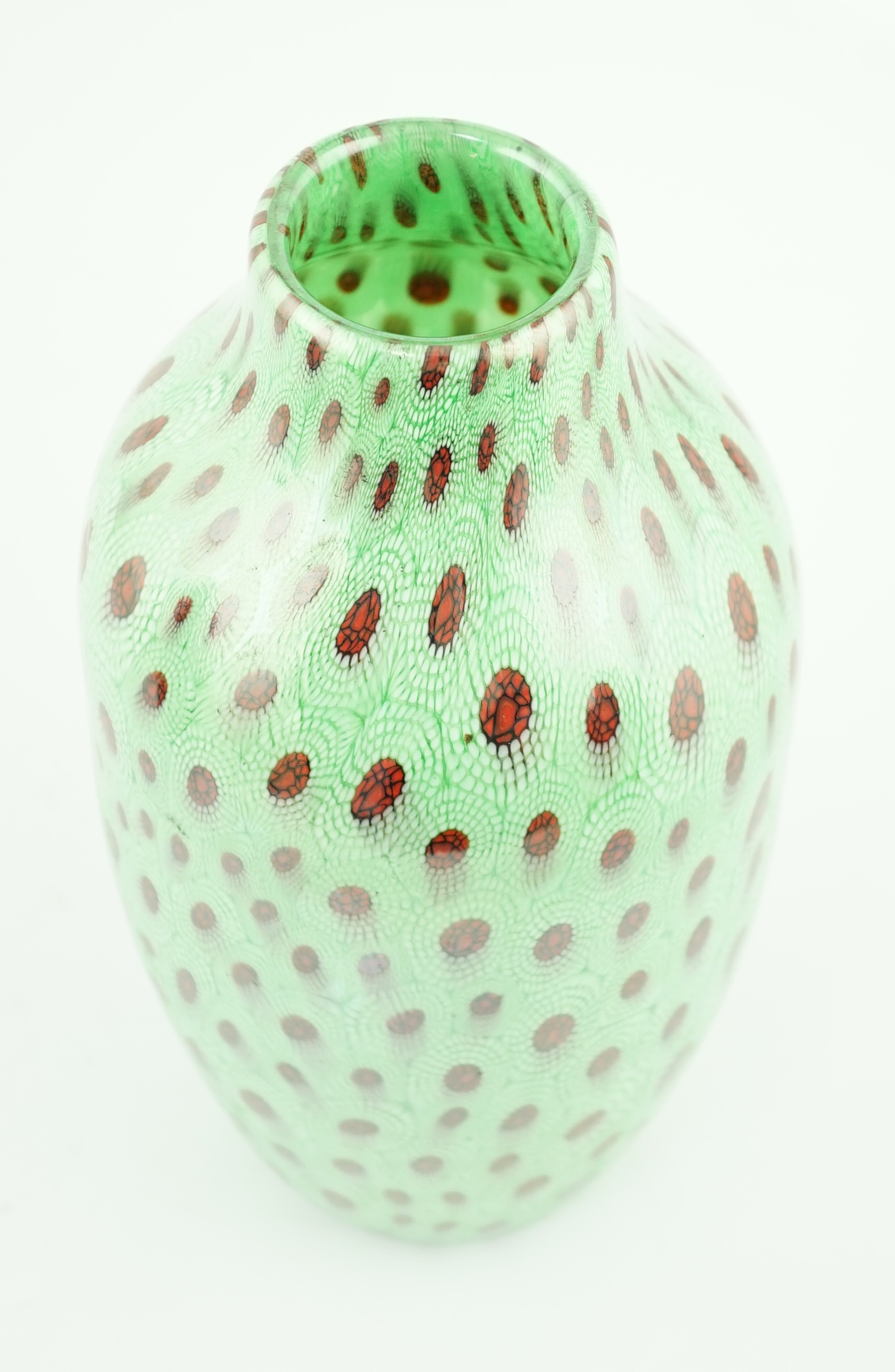 ** Vittorio Ferro (1932-2012), a Murano glass Murrine vase, the jade ground with a red peacock - Image 3 of 4