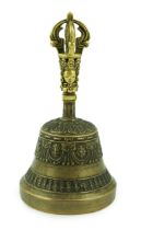 A Tibetan bronze ghanta bell, 18th/19th century, the handle cast with a bodhisattva head, the bell