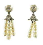 A pair of antique gold, graduated seed pearl, cushion and rose cut diamond set tassel drop earrings,