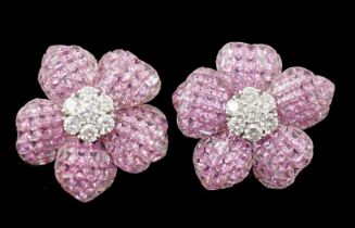 A pair of 18k white gold, pink sapphire and diamond cluster set flower head ear clips/earrings, each