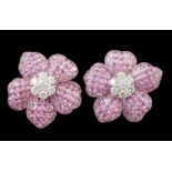 A pair of 18k white gold, pink sapphire and diamond cluster set flower head ear clips/earrings, each