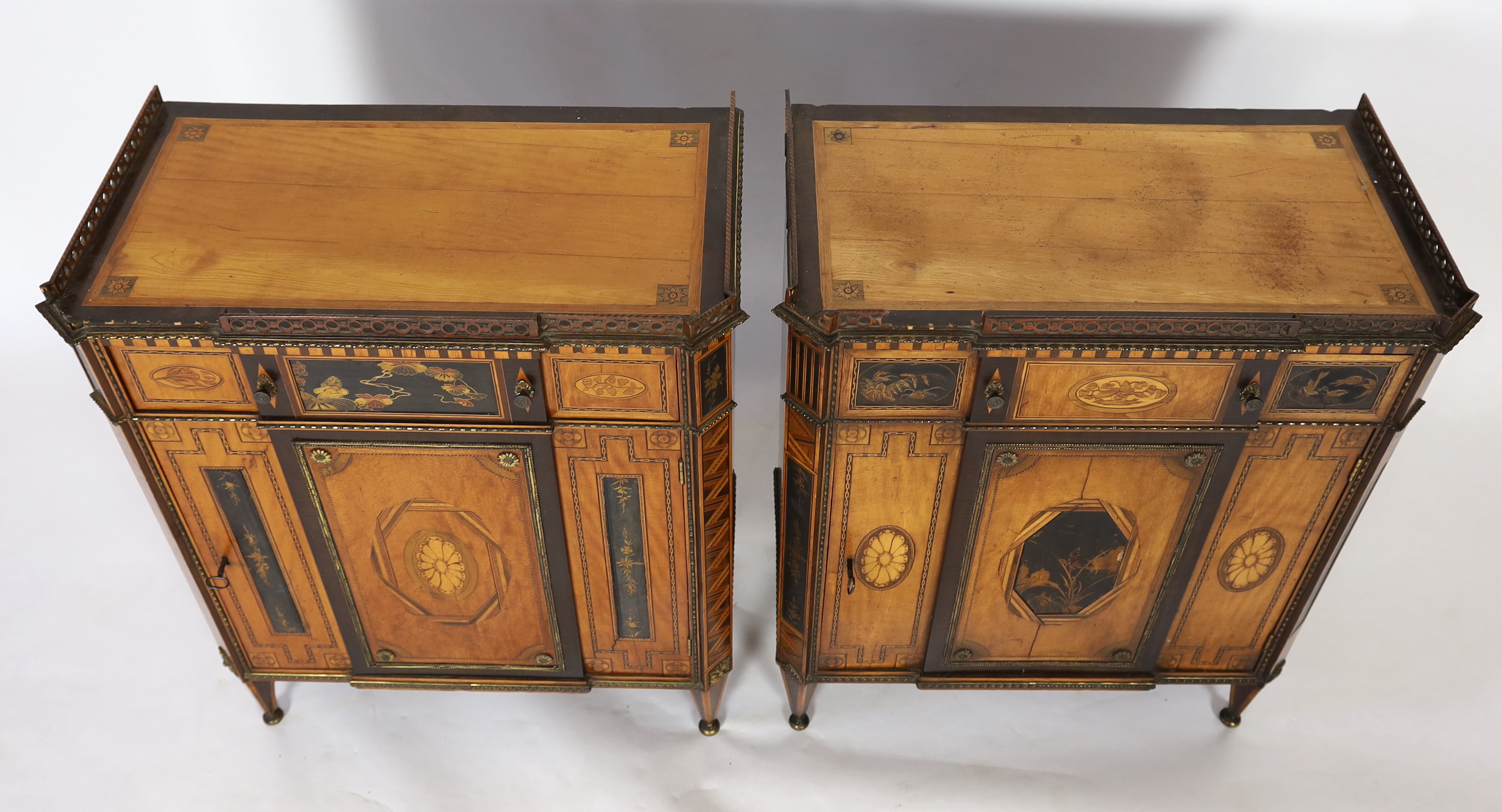 A pair of French Transitional style satinwood and marquetry side cabinets, each with fretwork - Image 3 of 6