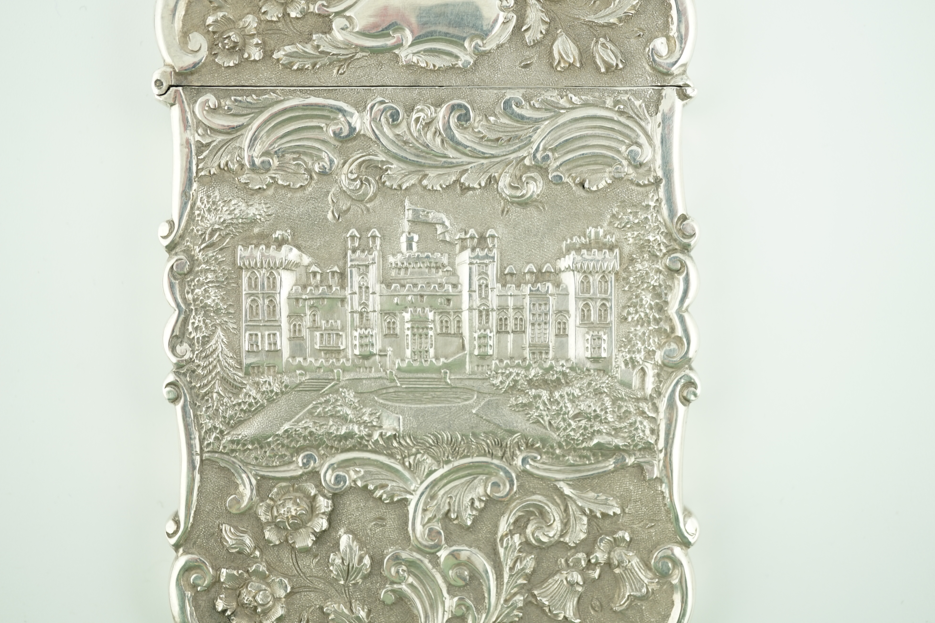 An early Victorian silver 'castle top' card case by Nathaniel Mills, embossed with scenes of Windsor - Image 4 of 7