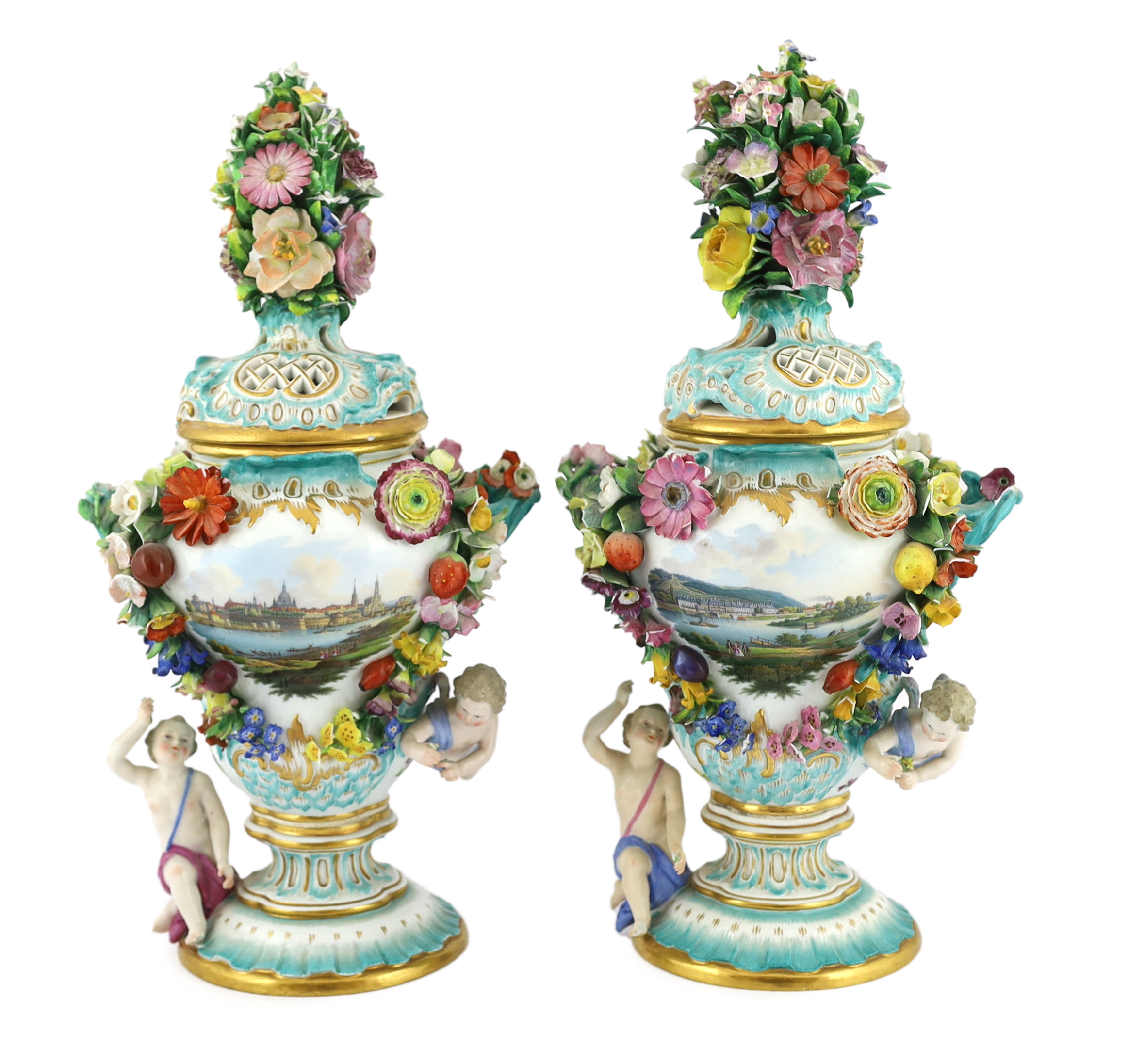 A pair of Meissen topographical flower encrusted vases and covers, 19th century, each painted with