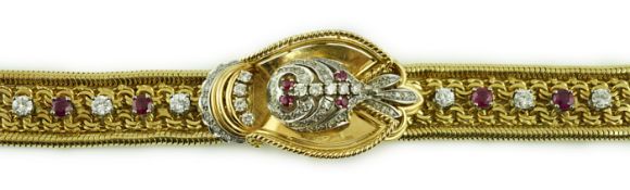 A lady's 18ct gold, ruby and diamond cluster set Rolex manual wind cocktail watch, the dial with