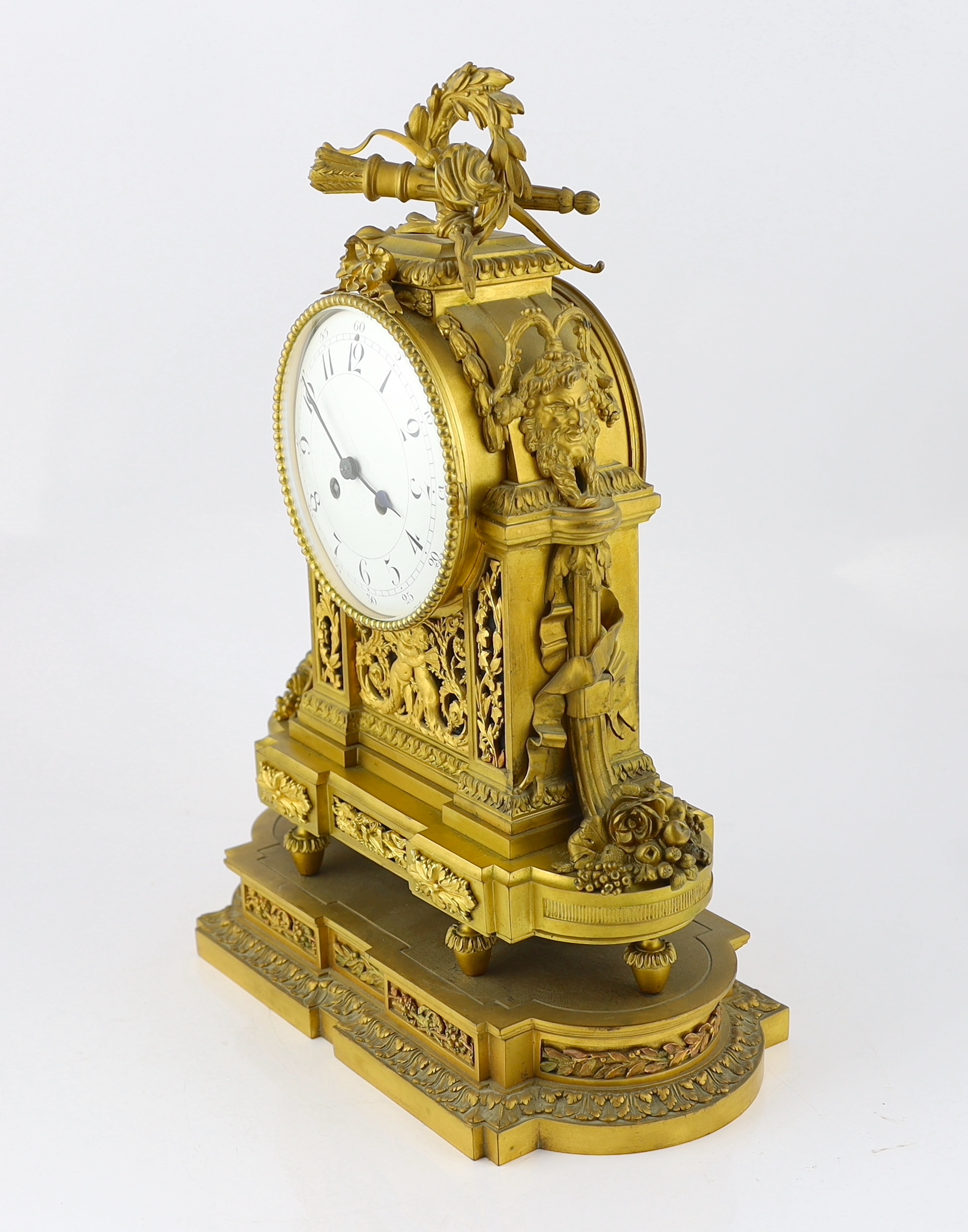 A 19th century French Louis XVI style ormolu mantel clock, with torch, bow and quiver finial over - Image 3 of 5