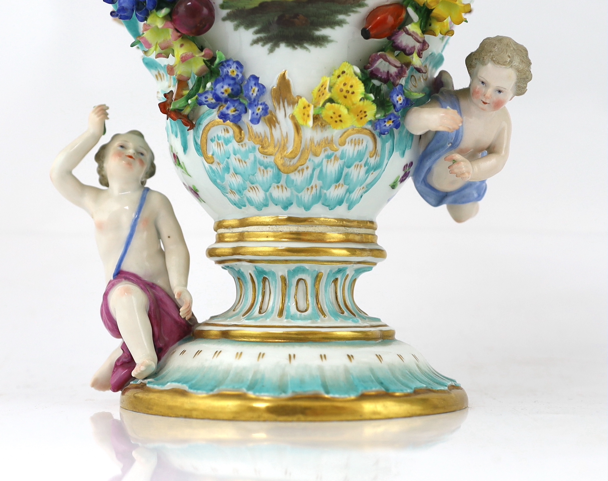 A pair of Meissen topographical flower encrusted vases and covers, 19th century, each painted with - Image 5 of 13