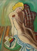 Béla Kádár (Hungarian, 1877-1955) Nude woman eating an appleoil on boardsigned60 x 44cm***