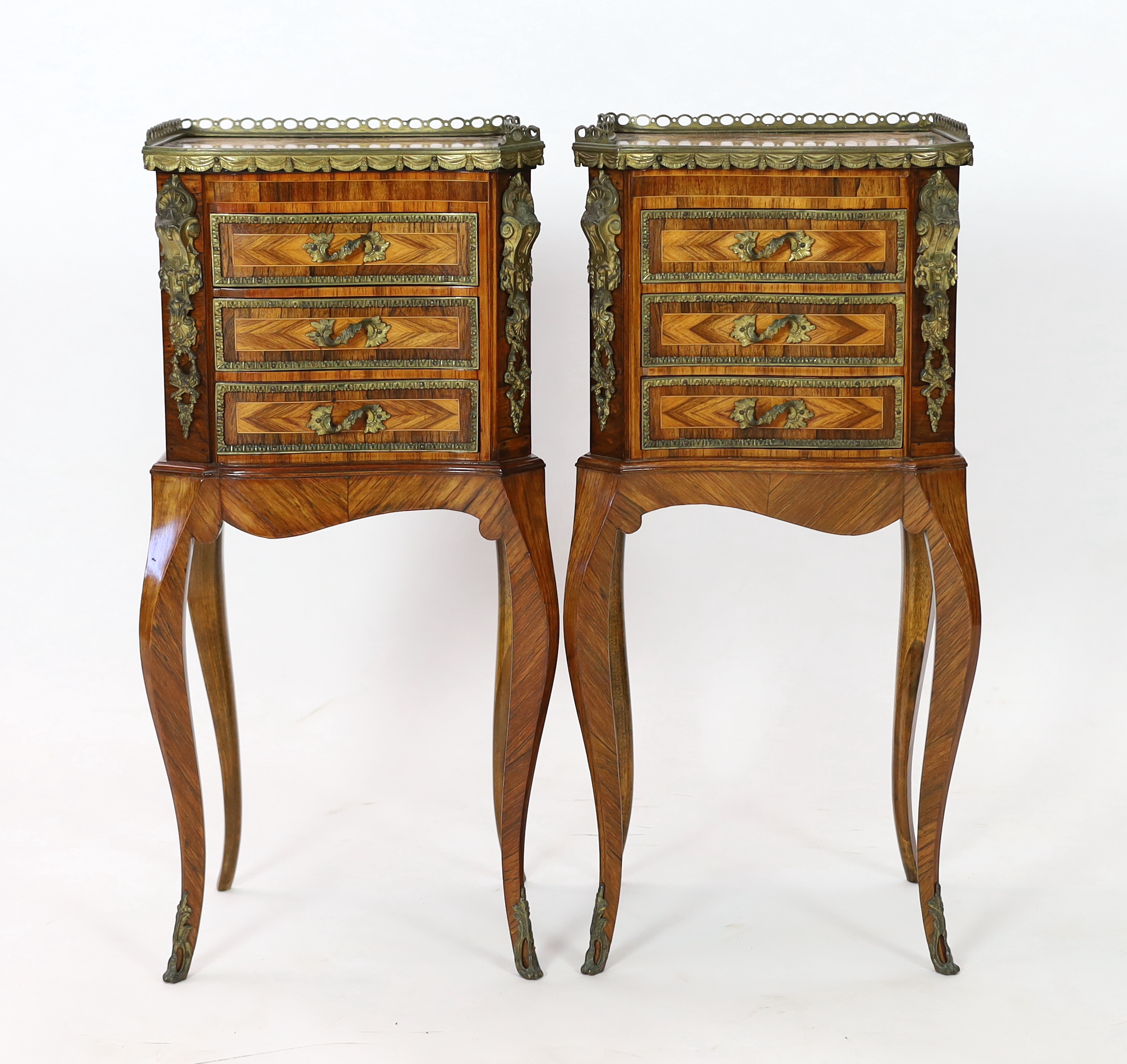 A pair of Louis XVI style ormolu mounted kingwood bedside chests, each of asymmetrical scroll form - Image 2 of 3