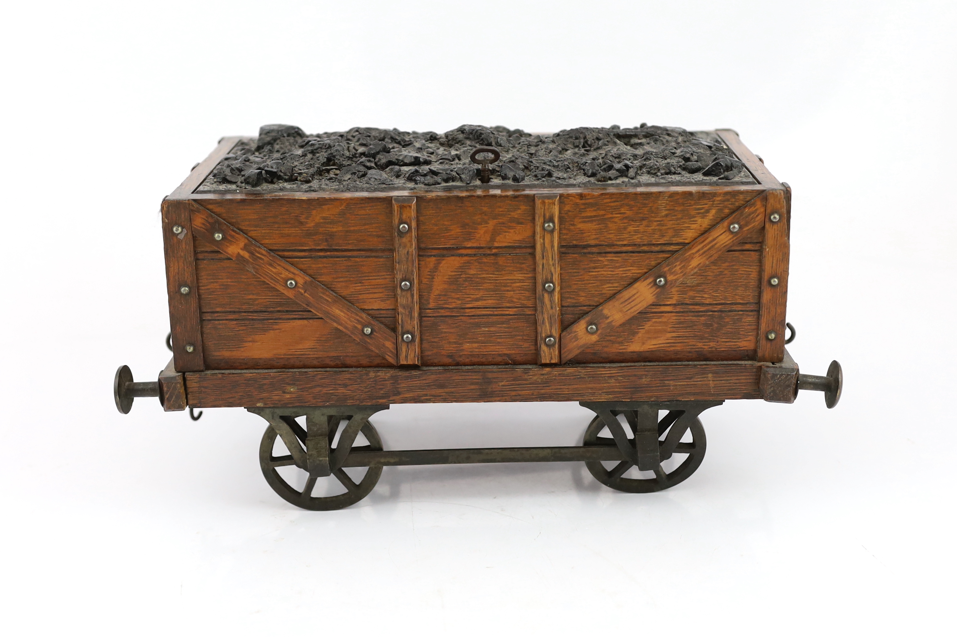 An Edwardian novelty oak smoker's compendium modelled as a railway tender, with simulated coal - Image 5 of 6