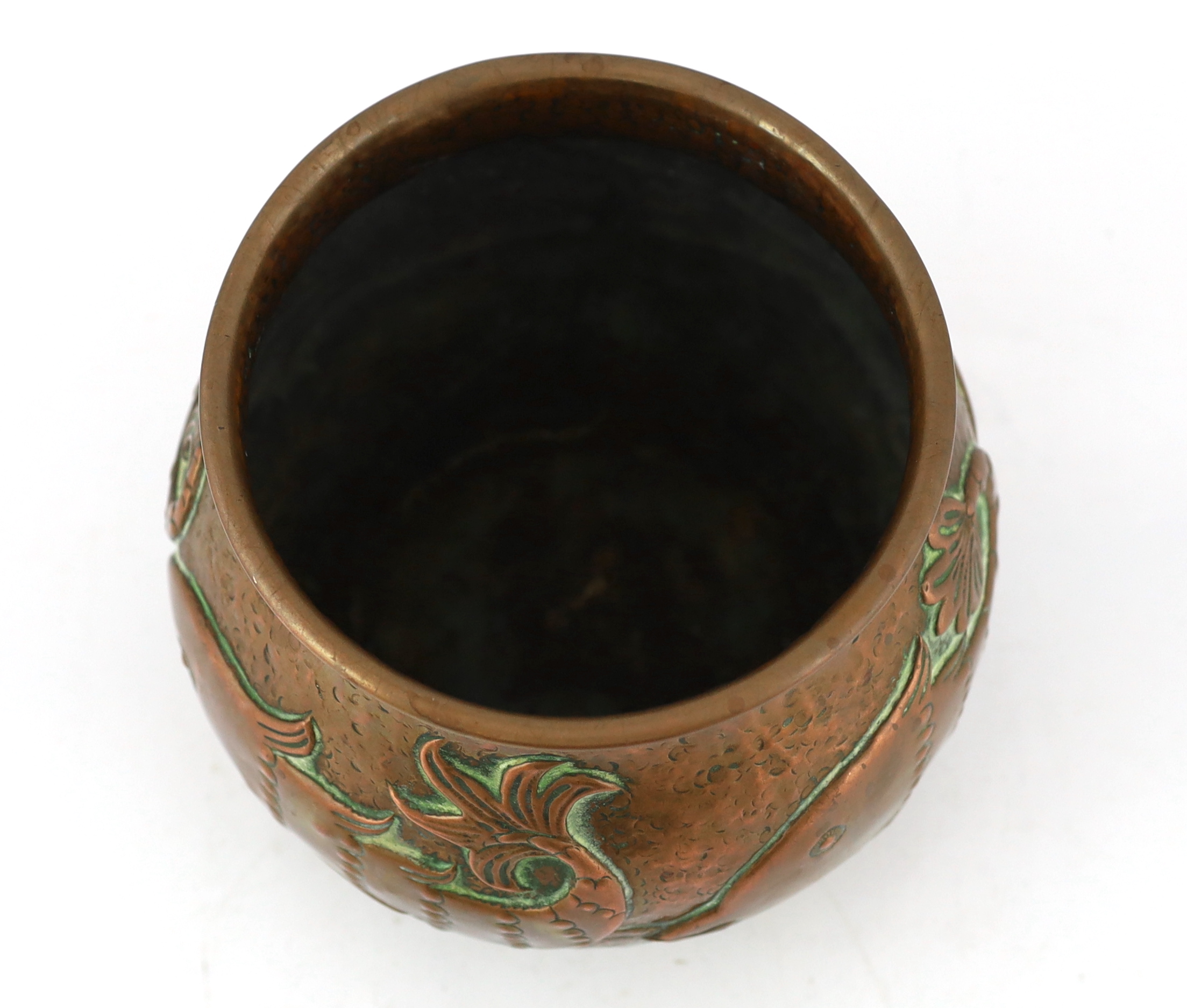John Pearson of Newlyn, an Arts & Crafts planished copper vase, decorated with four stylised - Image 3 of 4