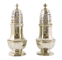 A near pair of George I/George II silver octagonal baluster casters, Samuel Welder, London, 1721 and