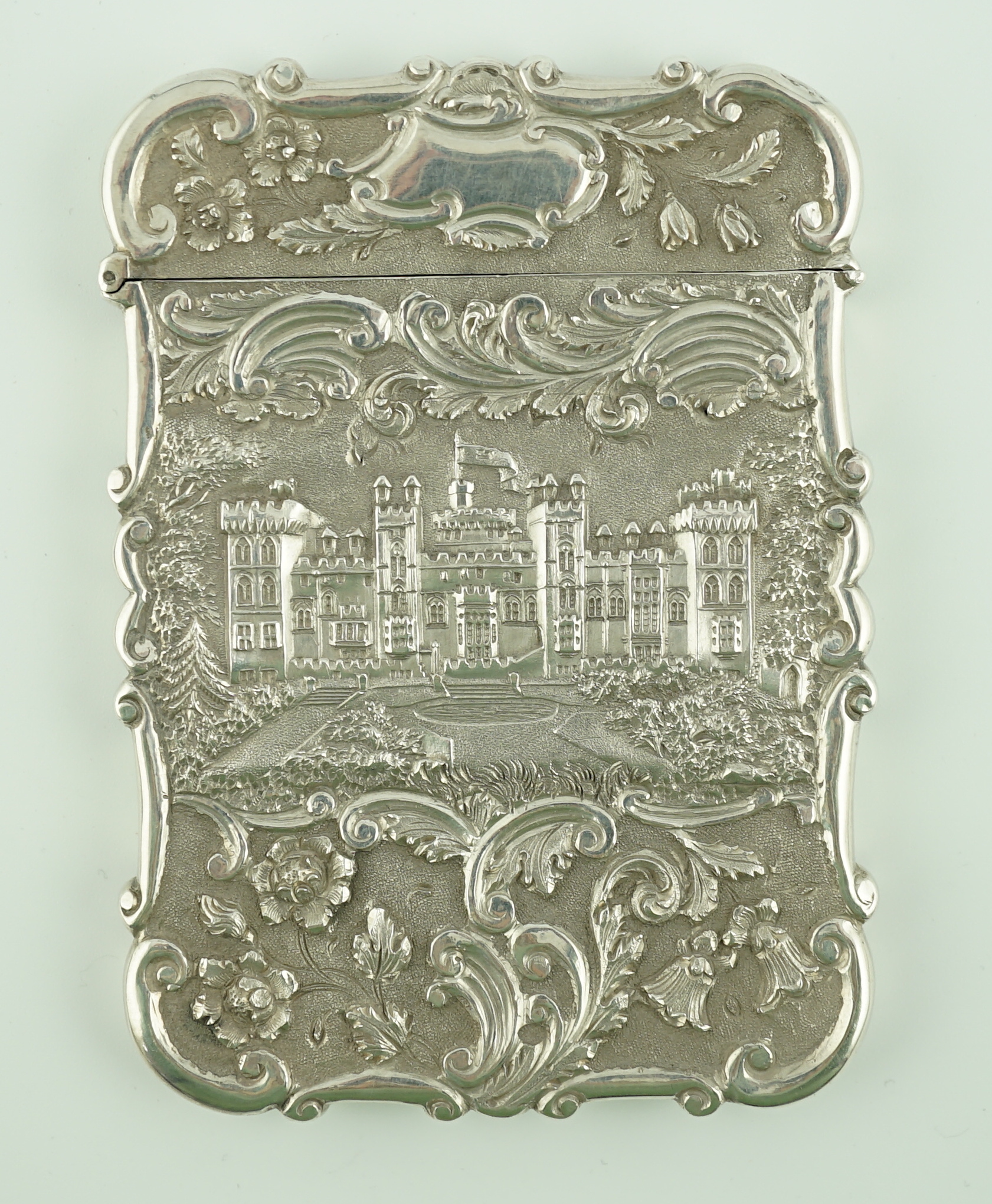 An early Victorian silver 'castle top' card case by Nathaniel Mills, embossed with scenes of Windsor - Image 3 of 7