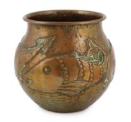 John Pearson of Newlyn, an Arts & Crafts planished copper vase, decorated with four stylised