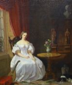 19th century English School Interior with seated lady holding a pendant on chain, a spaniel at her