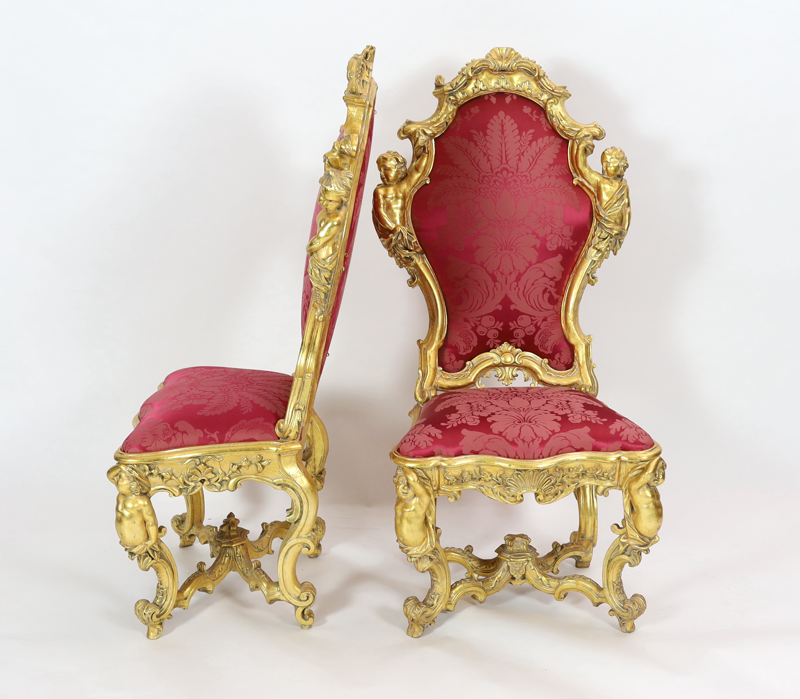 * An important pair of late 18th century Venetian carved baroque giltwood throne chairs, the seats - Image 2 of 6