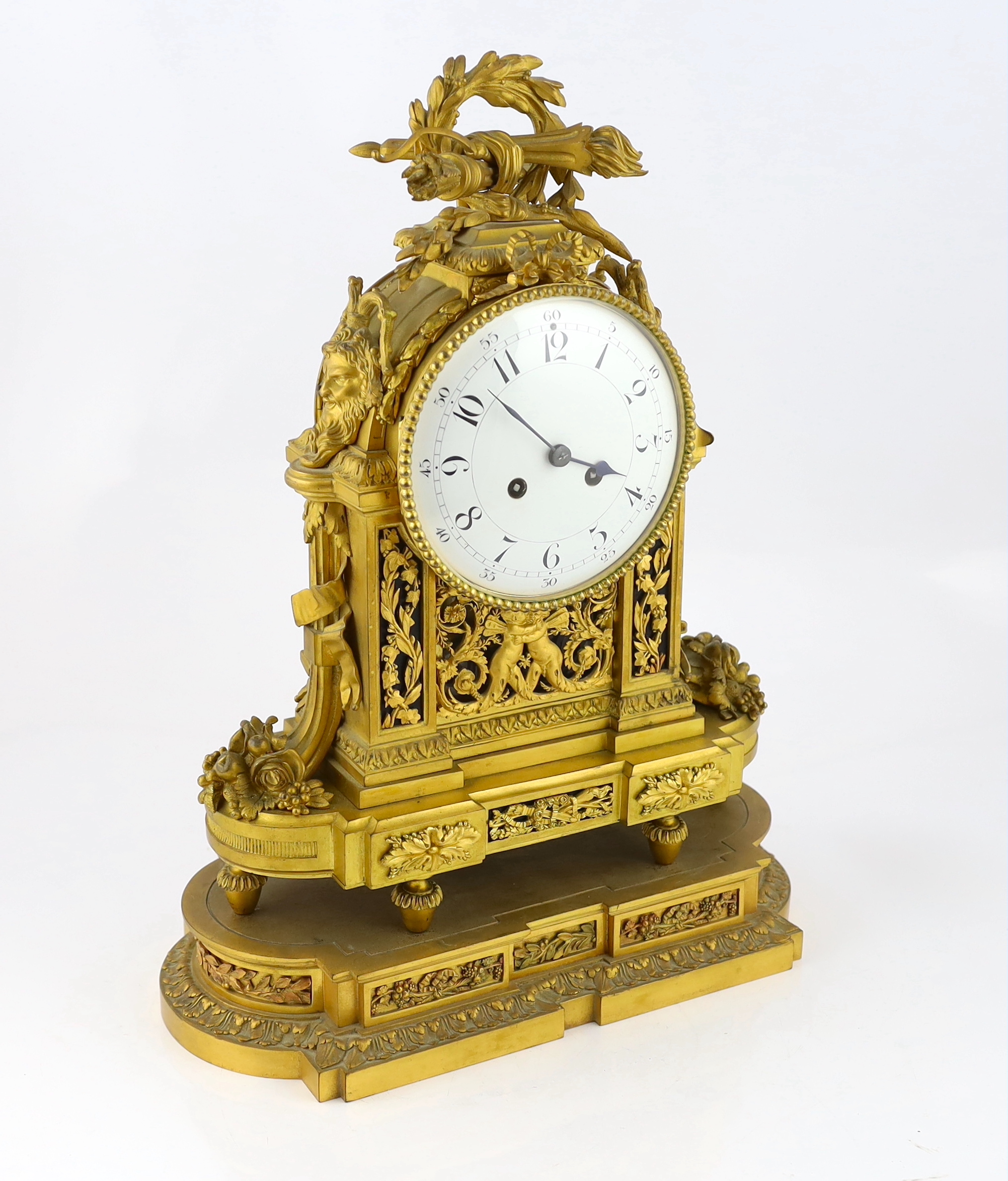 A 19th century French Louis XVI style ormolu mantel clock, with torch, bow and quiver finial over - Image 2 of 5