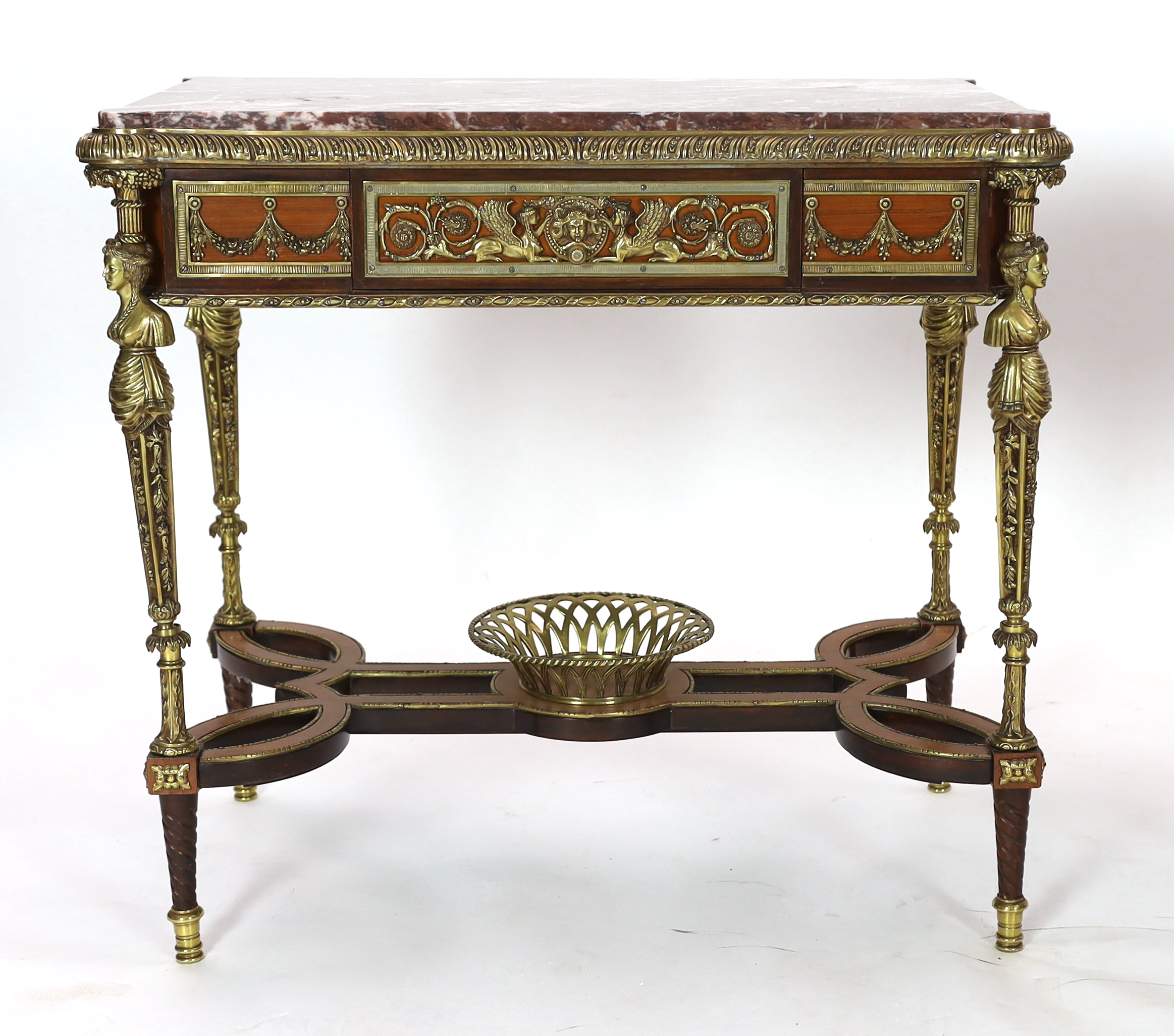 A pair of Louis XVI style ormolu mounted centre tables, each with rouge marble inset top and - Image 2 of 7