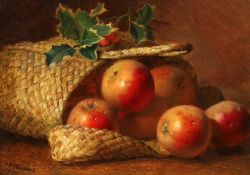 Eloise Harriet Stannard (English, 1829-1915) Still life with apples and holly beside a basketoil