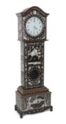 A Chinese hardwood and mother-of-pearl inlaid longcase clock, mid 20th century, decorated with