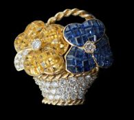 A Tiffany & Co 18k gold, two colour sapphire and diamond cluster set brooch, modelled as a basket