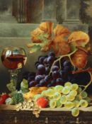 * Edwin Ladell (English, 1821-1886) Still life with a Dutch roemer, grapes, a strawberry and