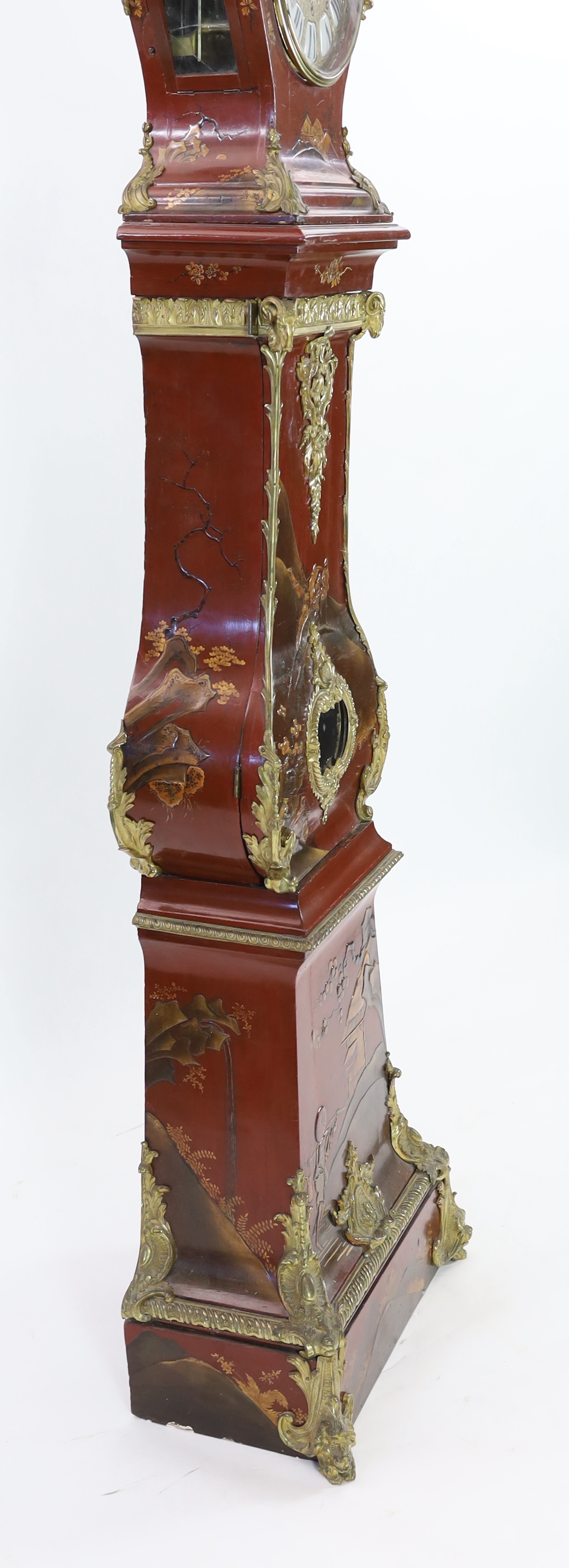 *A Louis XV style ormolu mounted red chinoiserie lacquer longcase clock, fitted with an eight day - Image 4 of 6